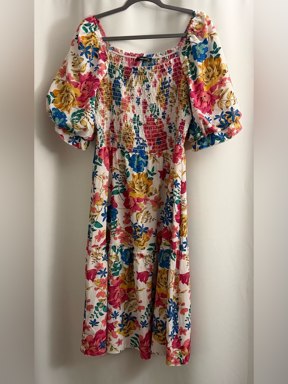 Floral Smocked Puff Sleeve Midi Dress - White with Pink, Yellow & Blue